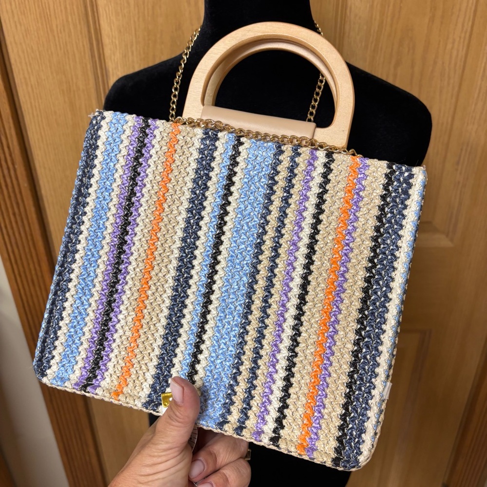 Haute Hippie Raffia Multicolor Purse With‎ Gold Chain Strap And Wooden Handles